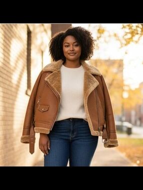 NEW Robert Phillipe Faux Leather Moto Jacket Plus Size XXL Tan Brown Faux Fur